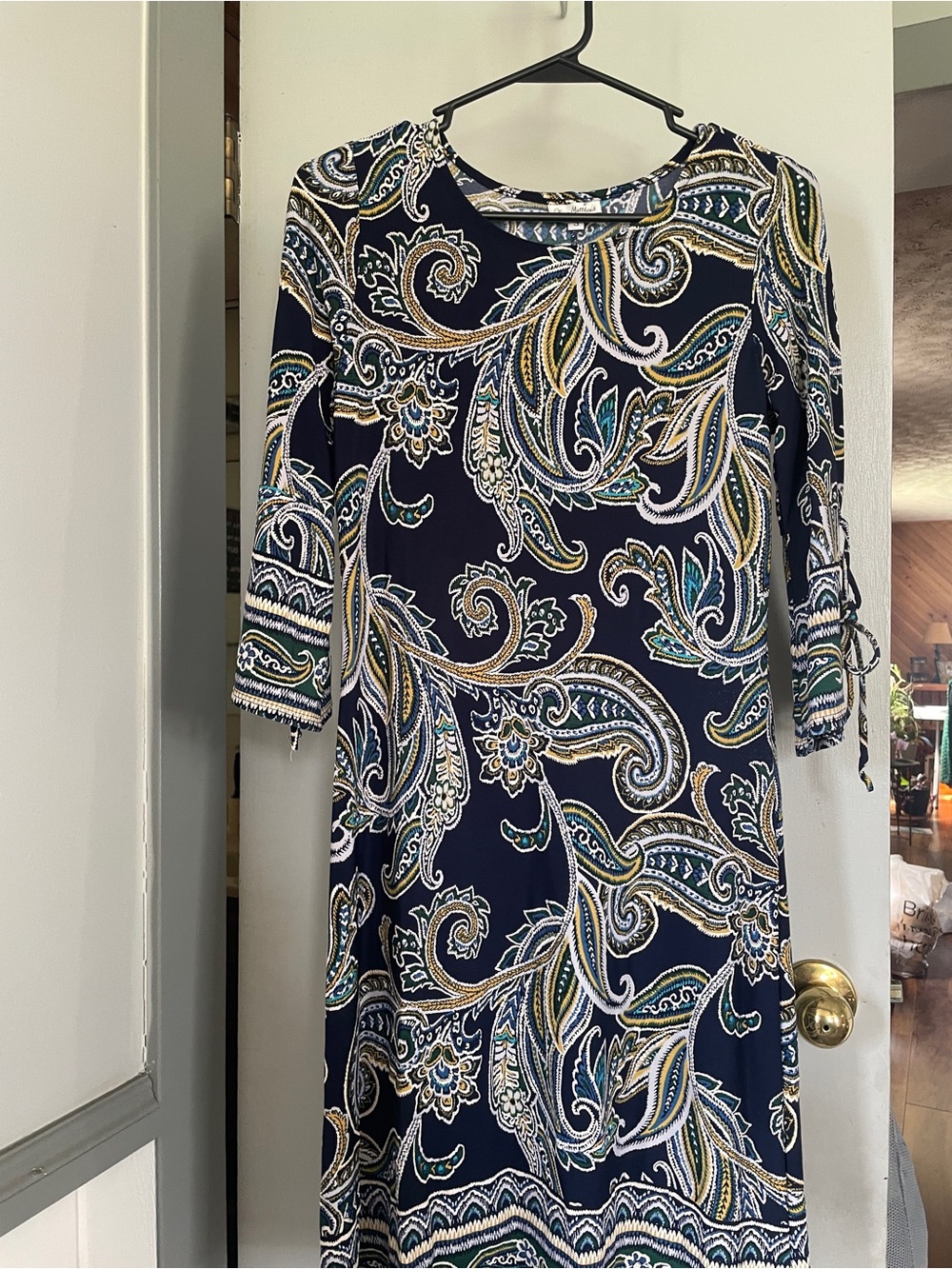 Olivia Matthews Navy Paisley Midi Dress with Teal, Gold & White Accents size S